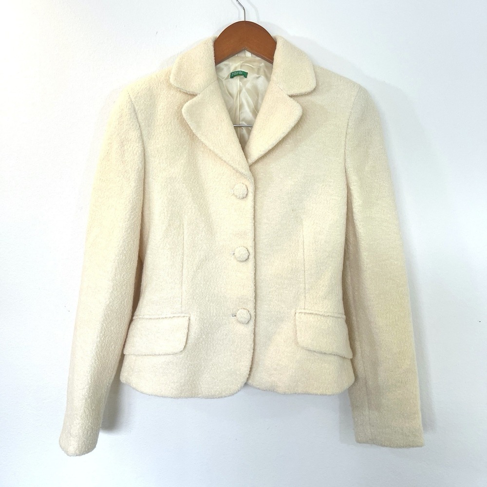 Made in Italy of Benetton Wool Blazer Sz 40 Buttercream Boucle Old Money Preppy